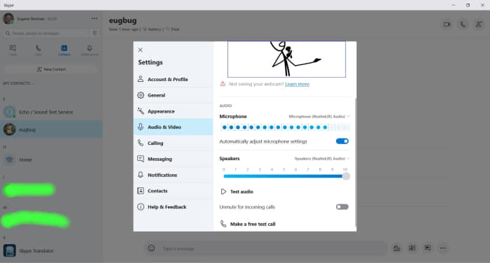 Проверка динамиков в Skype.
